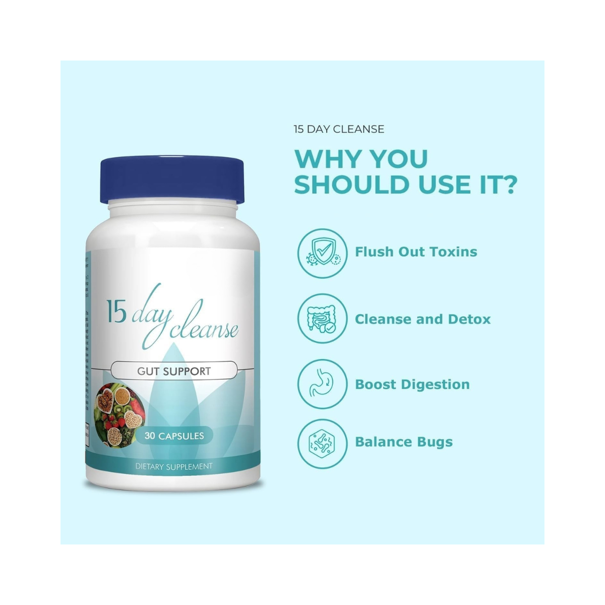 15 Day Cleanse – Gut & Colon Detox Supplement with Senna, Cascara & Psyllium Husk – 30 Capsules