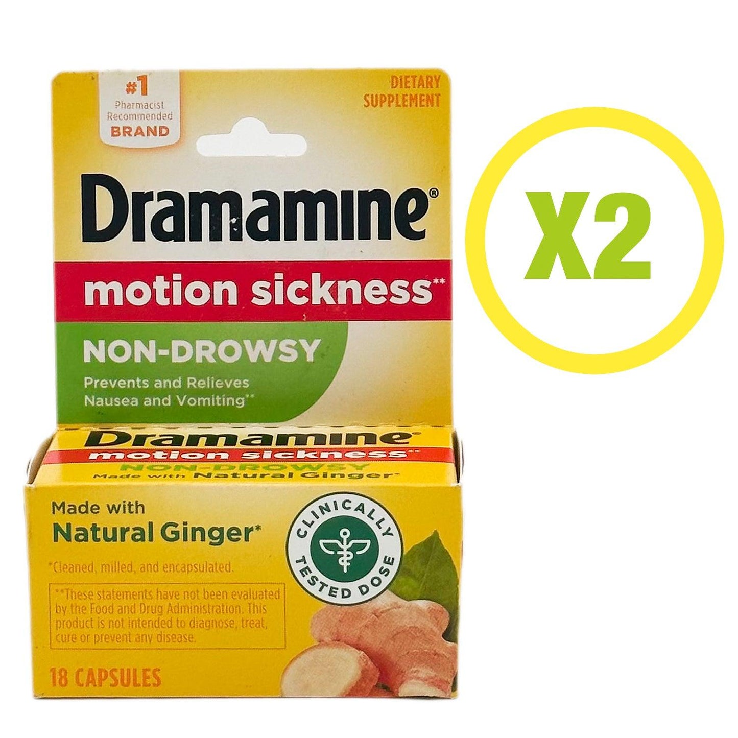 2 PACK Dramamine Non-Drowsy Motion Sickness Relief Made With Ginger | 18 Ct Ea. - Home Revival Shop