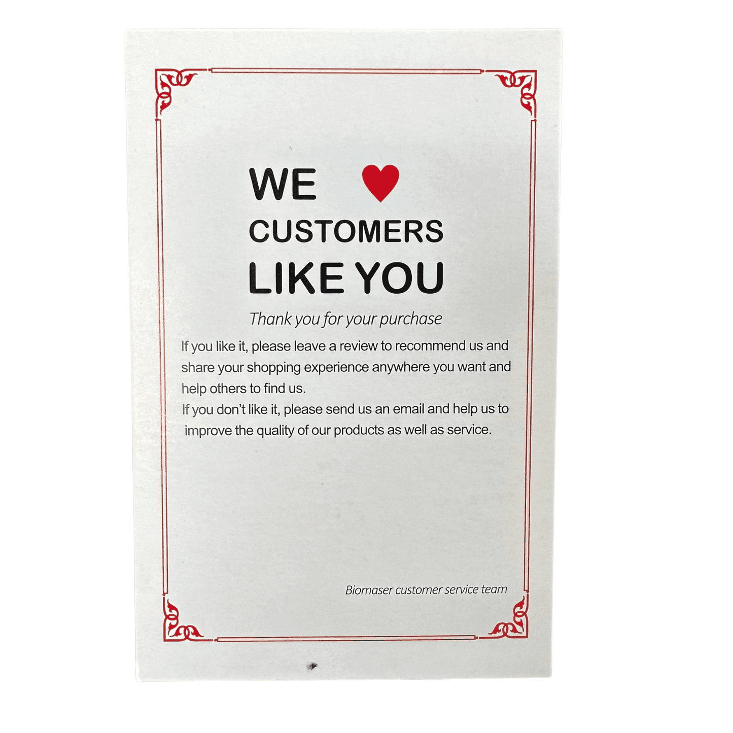 Customer appreciation card from Biomaser included in the Pro Rotary Tattoo Machine Kit, encouraging feedback and product reviews.
