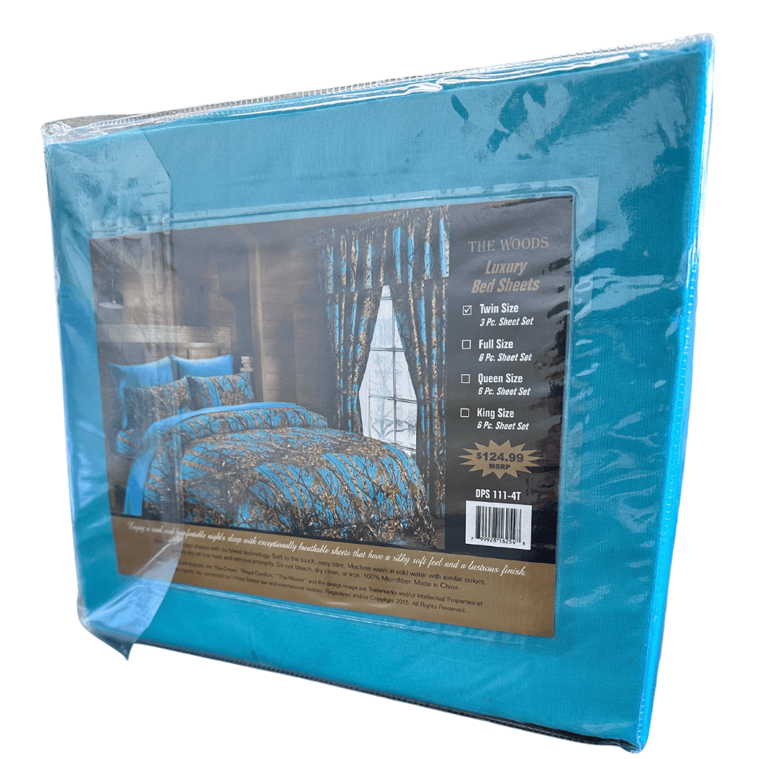 Retail packaging of The Woods Seabreeze Twin Sheet Set displaying product image, size options, and luxury bed sheet branding.