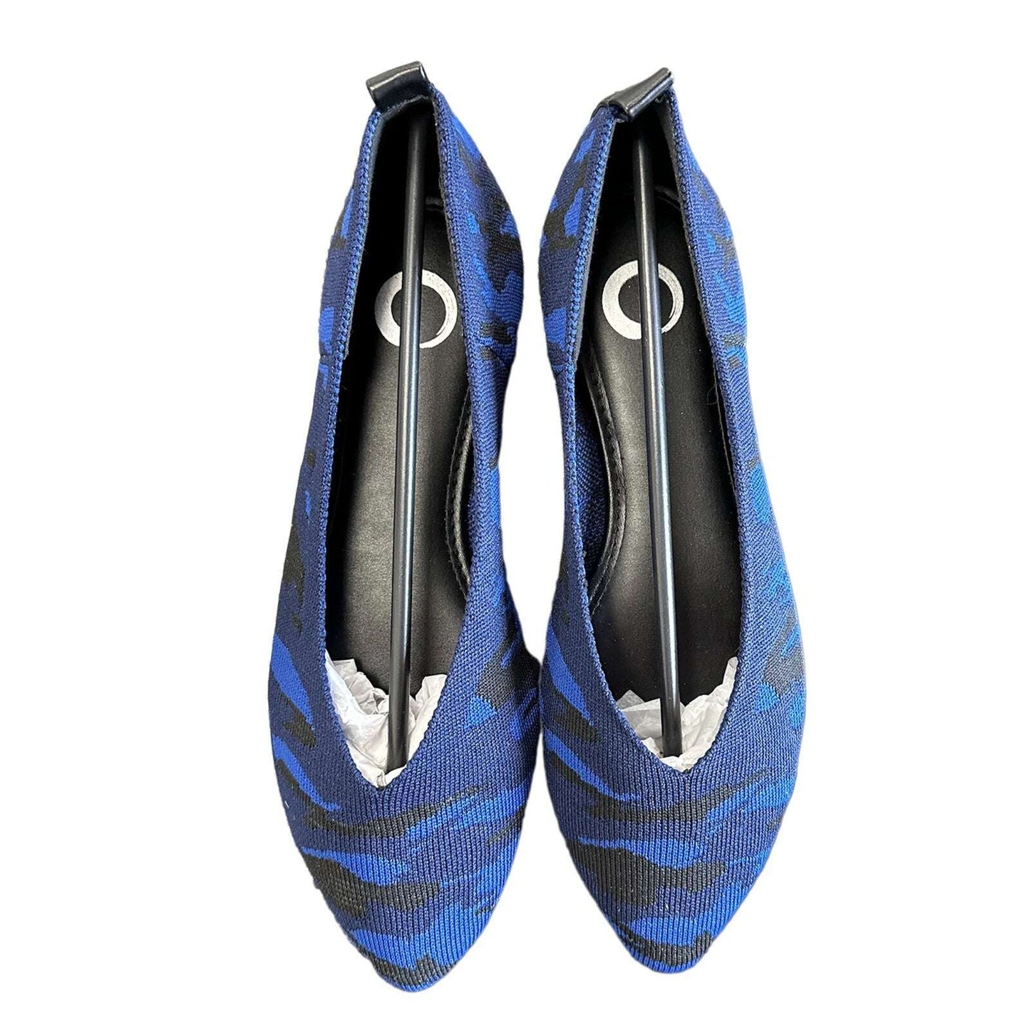 Top view of Journee Collection Karise flats in blue black camo, women’s size 6, featuring pointed toe and soft cushioned insole.