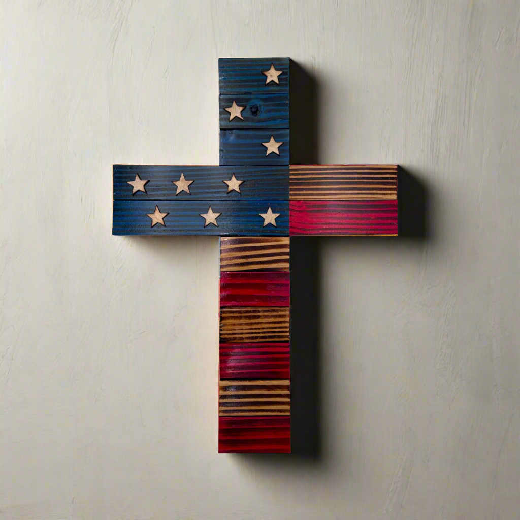 Handmade Wooden Americana Cross Wall Art – Patriotic Stars & Stripes Design – Made in Minnesota