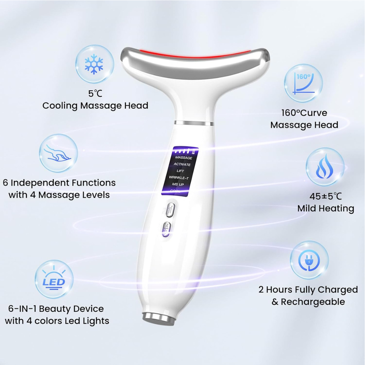Red Light Therapy Facial Massager – Anti-Aging Skin Care Tool with Cooling Head & 6 Modes (Pearl White)