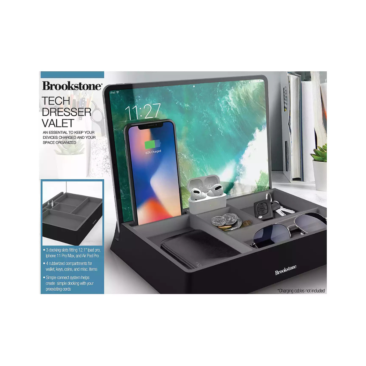 Tech Dresser Valet, Fits iPad, iPhone, AirPods - Brookstone