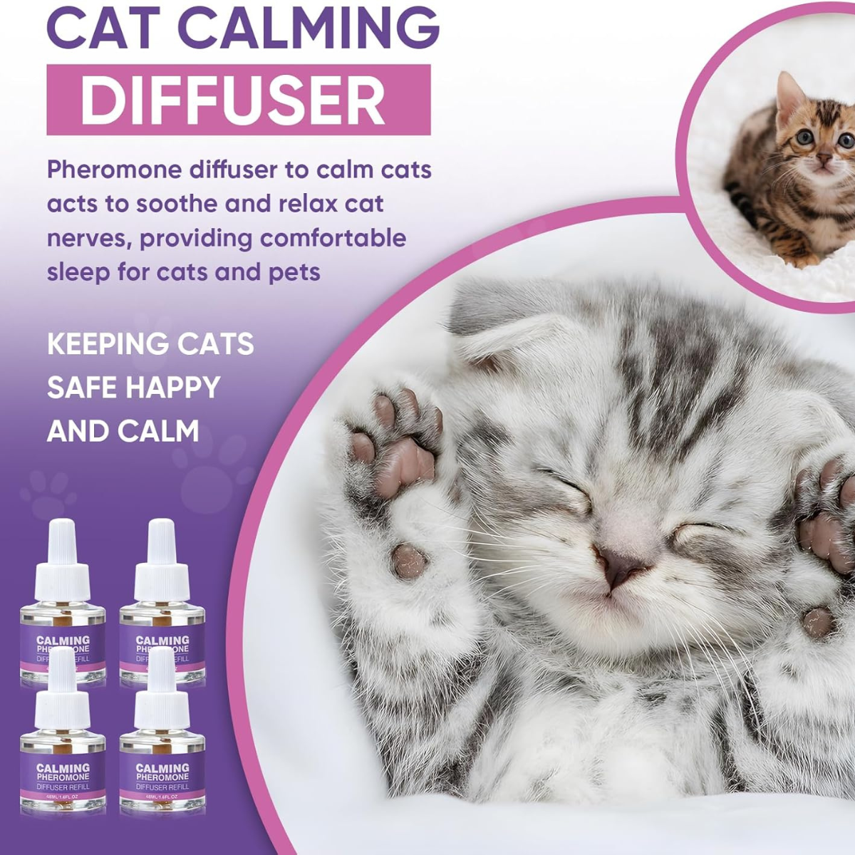 Cat Calming Pheromone Diffuser Kit – 2 Diffusers + 4 Refills (48ml) – Stress & Anxiety Relief for Cats