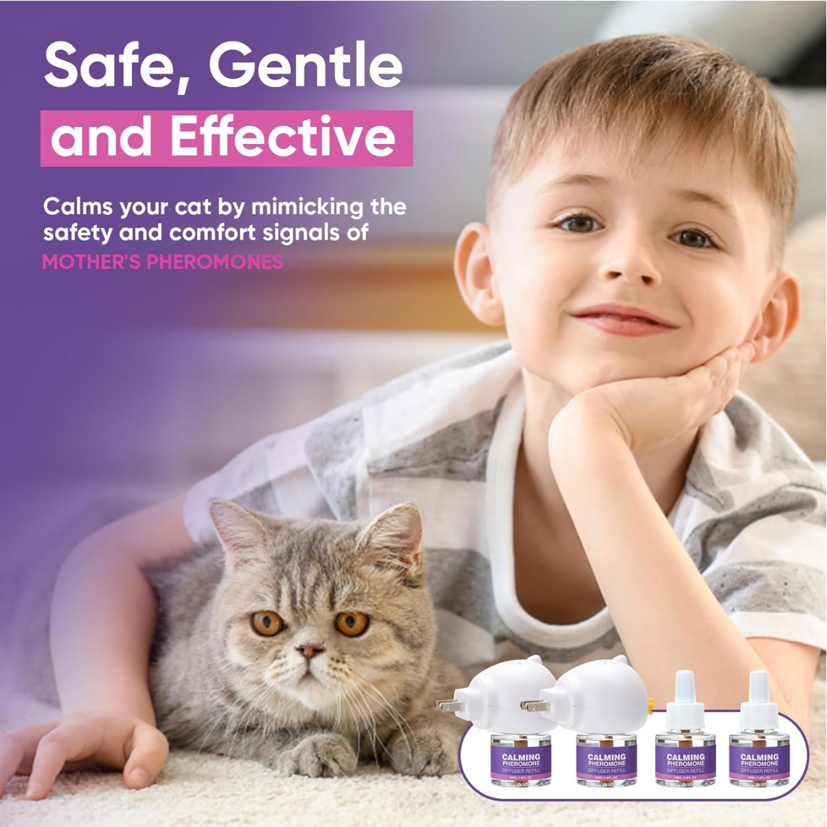 Cat Calming Pheromone Diffuser Kit – 2 Diffusers + 4 Refills (48ml) – Stress & Anxiety Relief for Cats