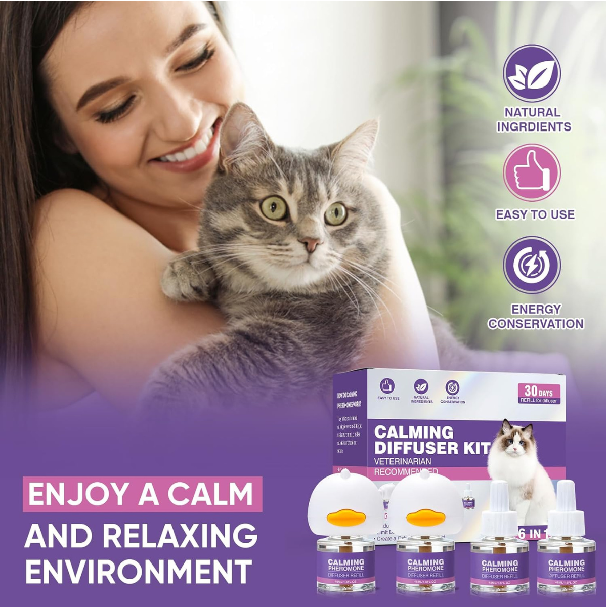 Cat Calming Pheromone Diffuser Kit – 2 Diffusers + 4 Refills (48ml) – Stress & Anxiety Relief for Cats