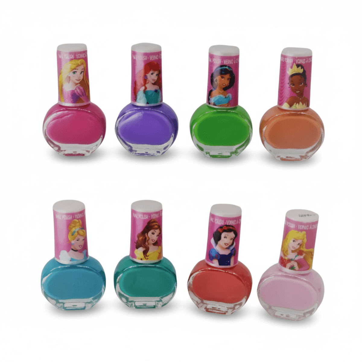 Top view of 8 Disney Princess nail polish bottles in various colors. Washable, non-toxic polish for children's nail care fun.