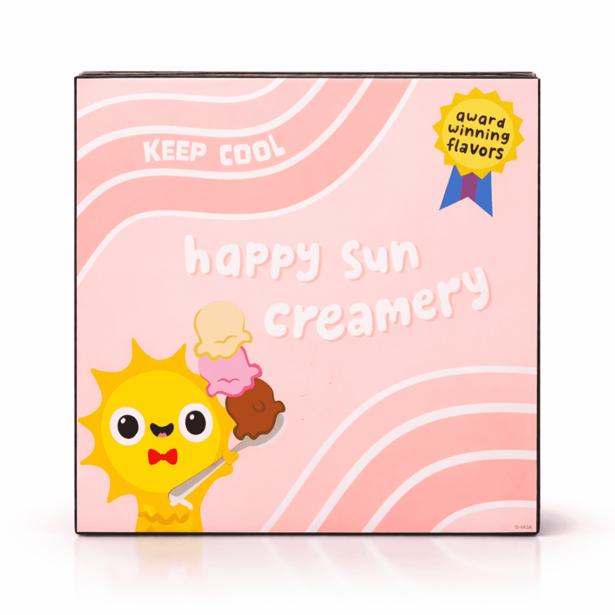 Packaging for 'Ice Cream Social Playset' with a cartoon sun character holding ice cream, on a pink wavy background.