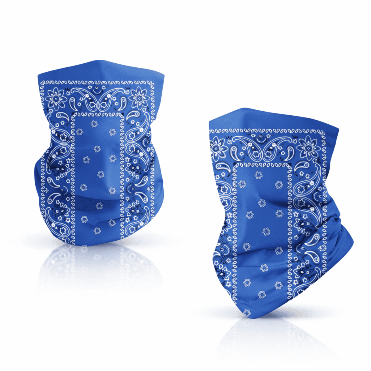 Blue paisley neck gaiter with 4-way stretch for outdoor activities
