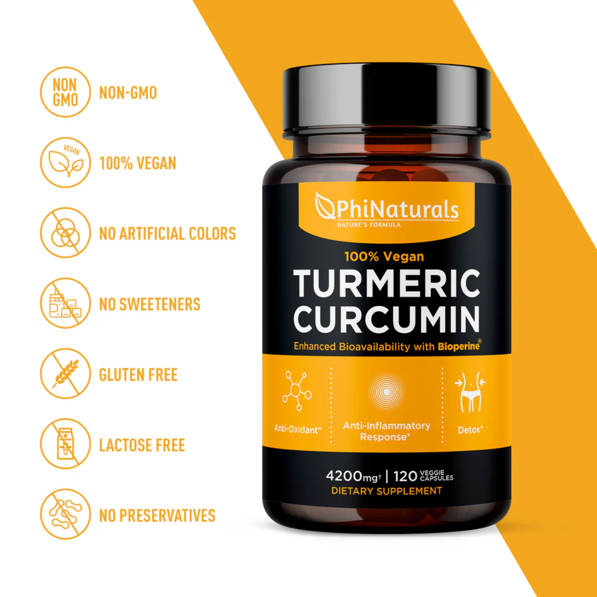 PhiNaturals Turmeric Curcumin with BioPerine® bottle with icons showing non-GMO, vegan, gluten-free, and preservative-free features.