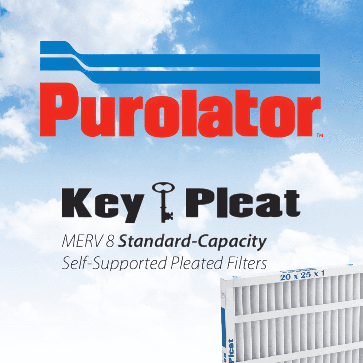 Purolator Key Pleat 20x25x1 MERV 8 filter logo on sky background