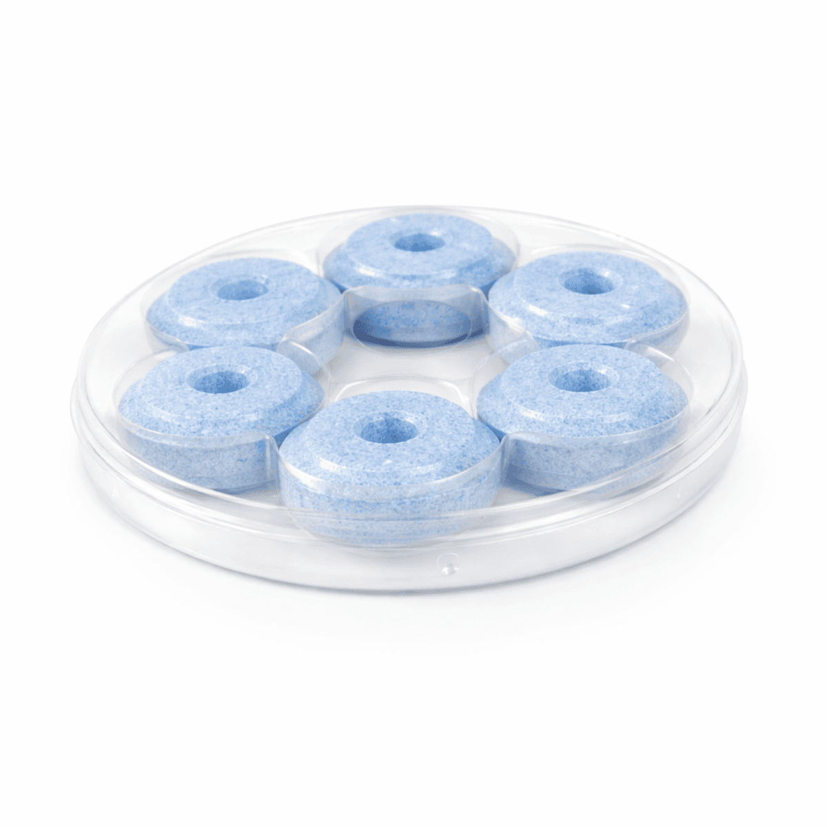 Blue dissolving toilet bowl cleaner tablets in clear container