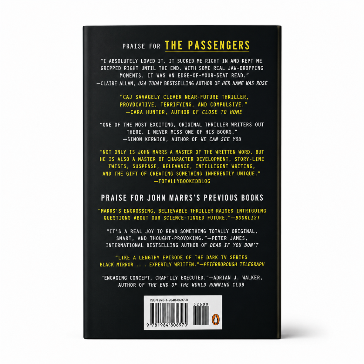 Hardcover thriller book in black with yellow and white text, Berkley The Passengers by John Marrs, back cover layout