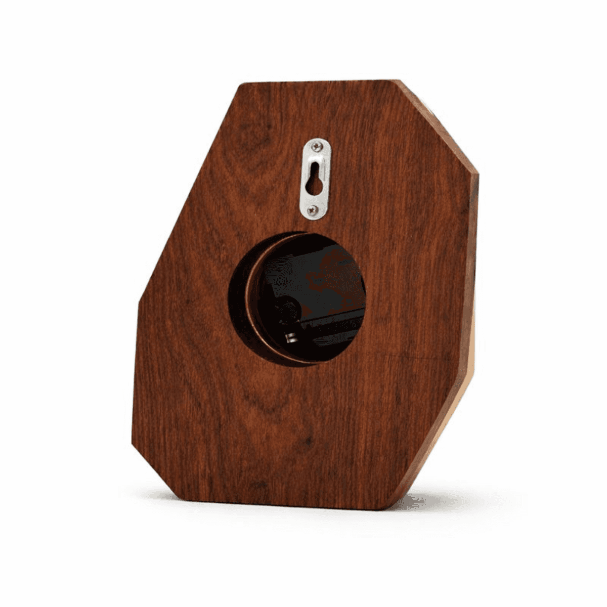 Back side of a modern wood clock on a white background