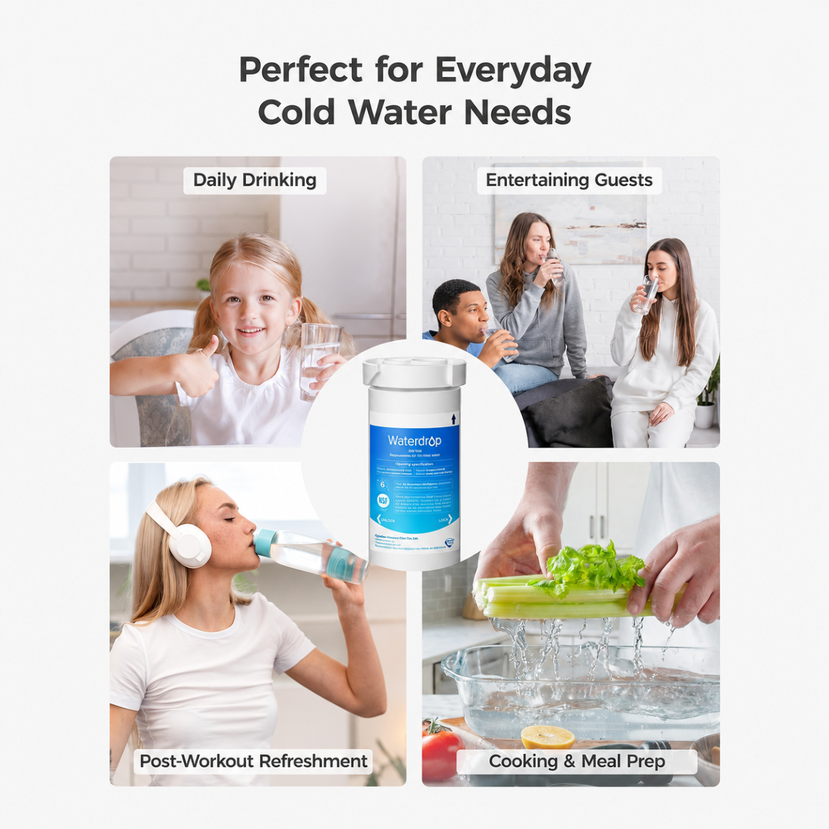 A collage for a Waterdrop water filter for GE refrigerators showcasing water drinking moments.