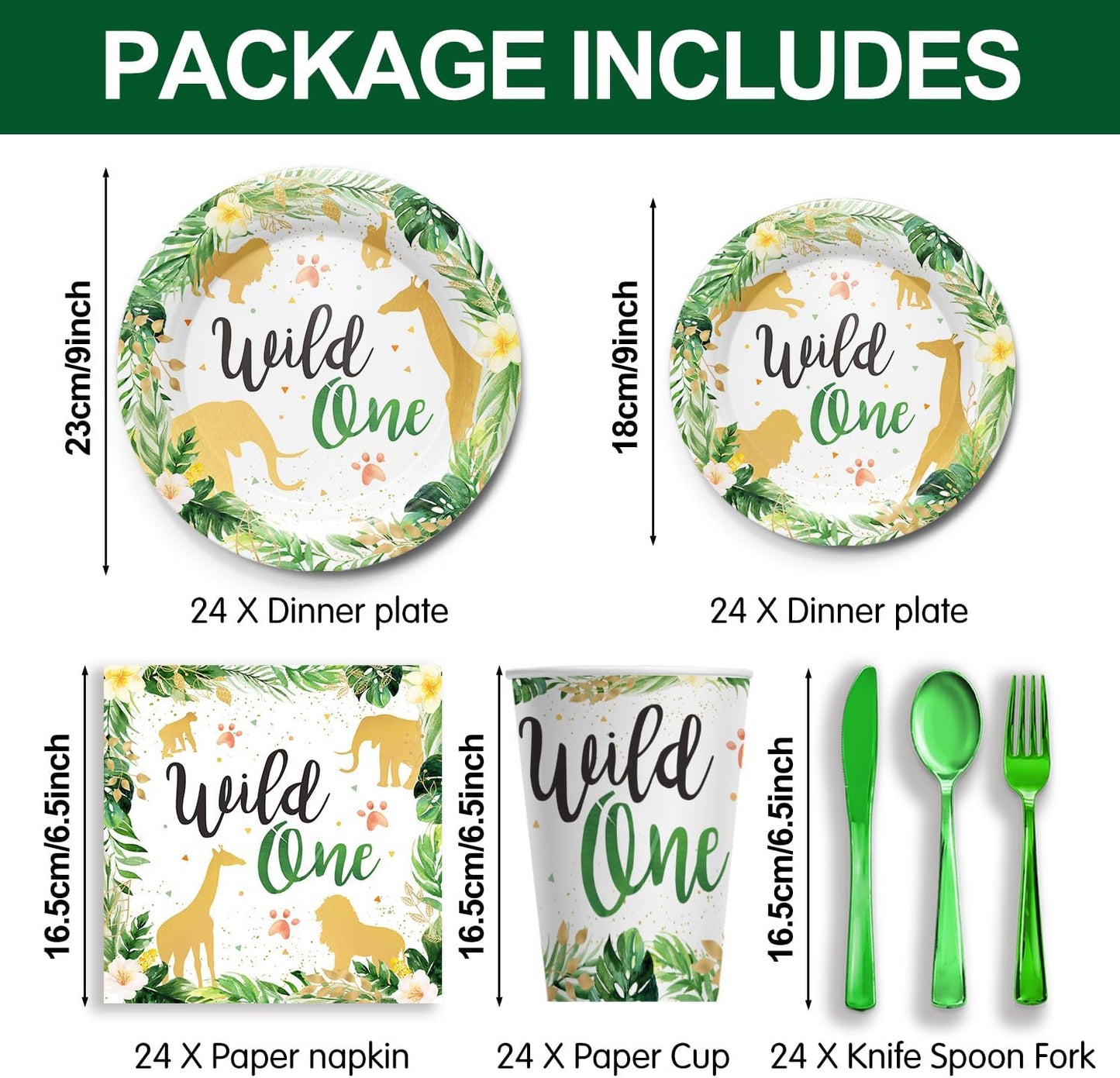 Disposable Tableware 24 Settings, 'Wild One' Theme - Piooluialy