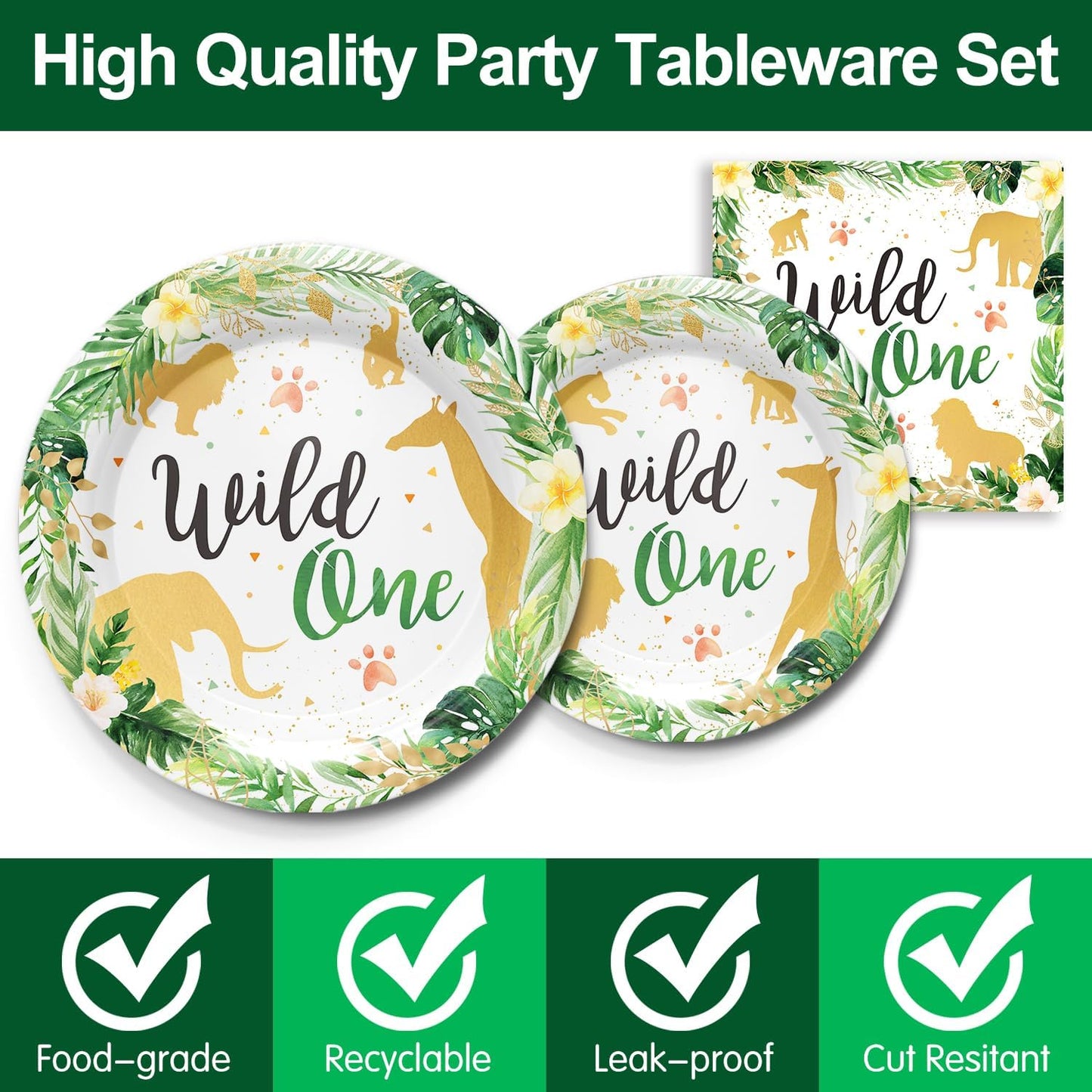 Disposable Tableware 24 Settings, 'Wild One' Theme - Piooluialy