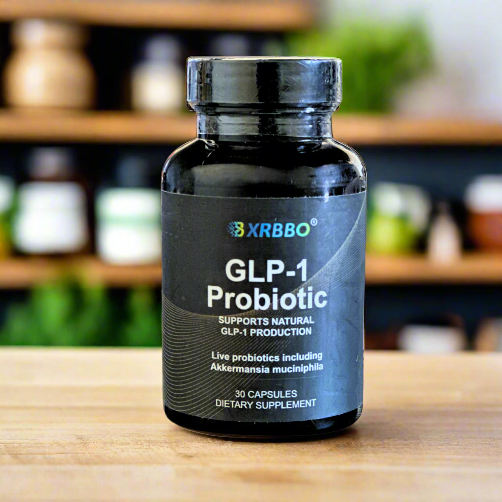 GLP-1 Probiotic supplement bottle with XRBBO branding on a white background