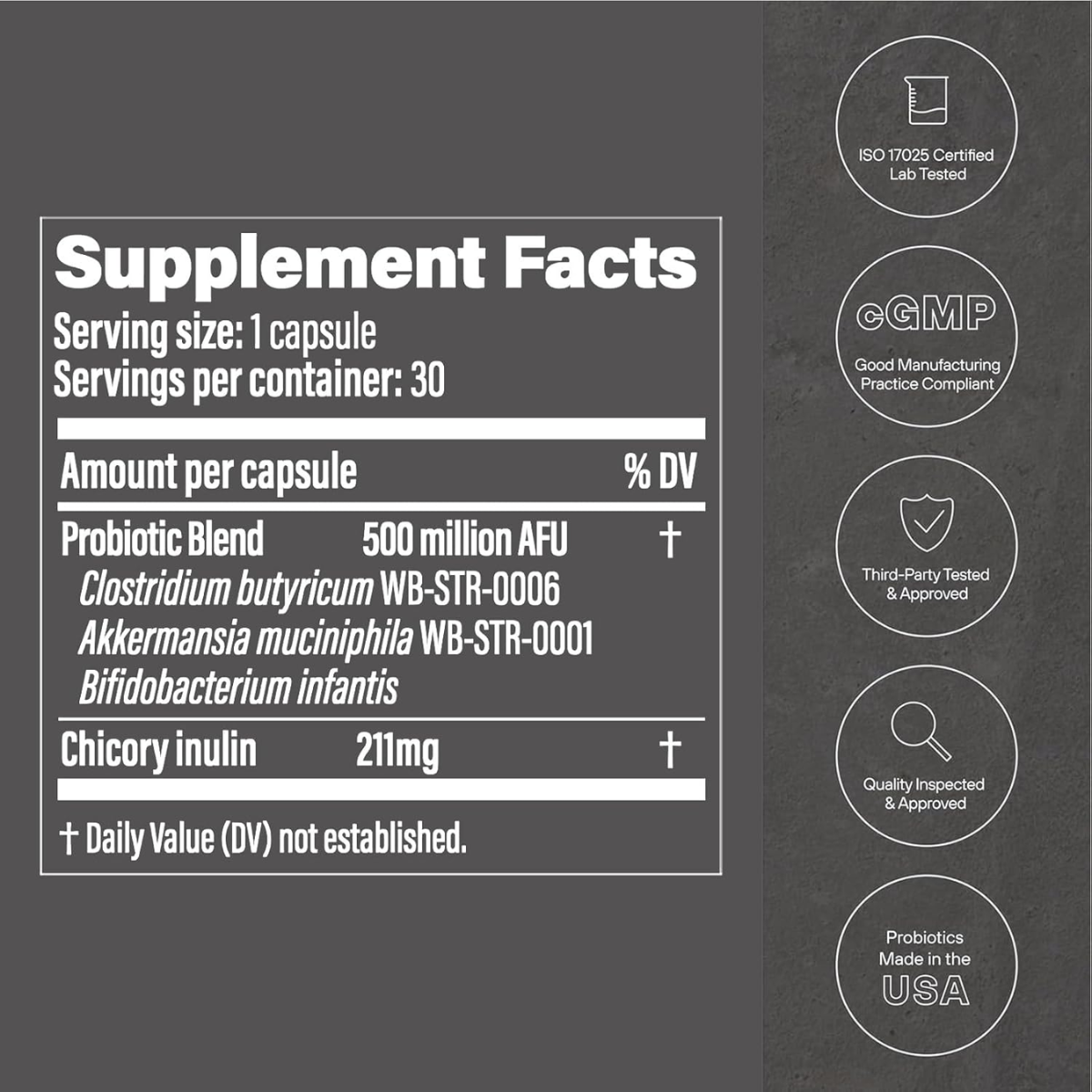 Supplement facts label with certification logos on a dark background