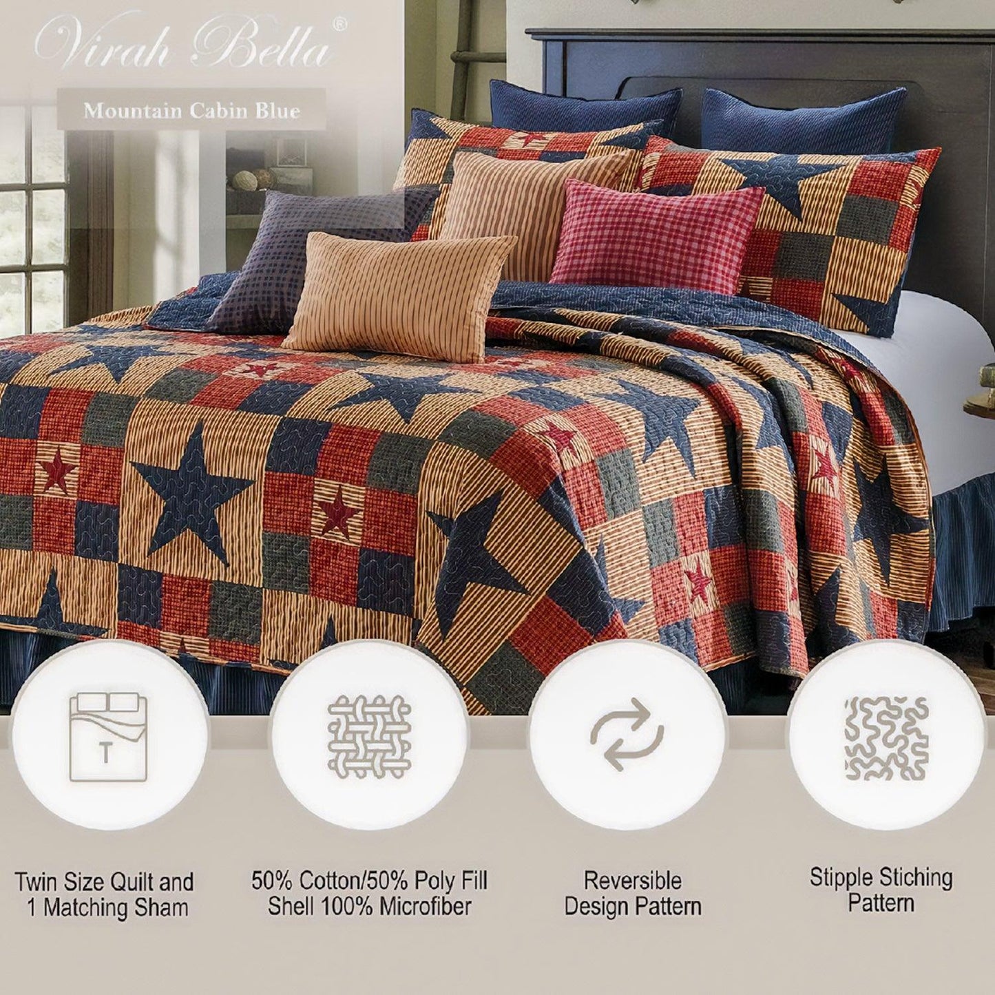 virah bella | quilt set 2 pc. | light-weight & reversible | blue/tan | twin - Home Revival Shop