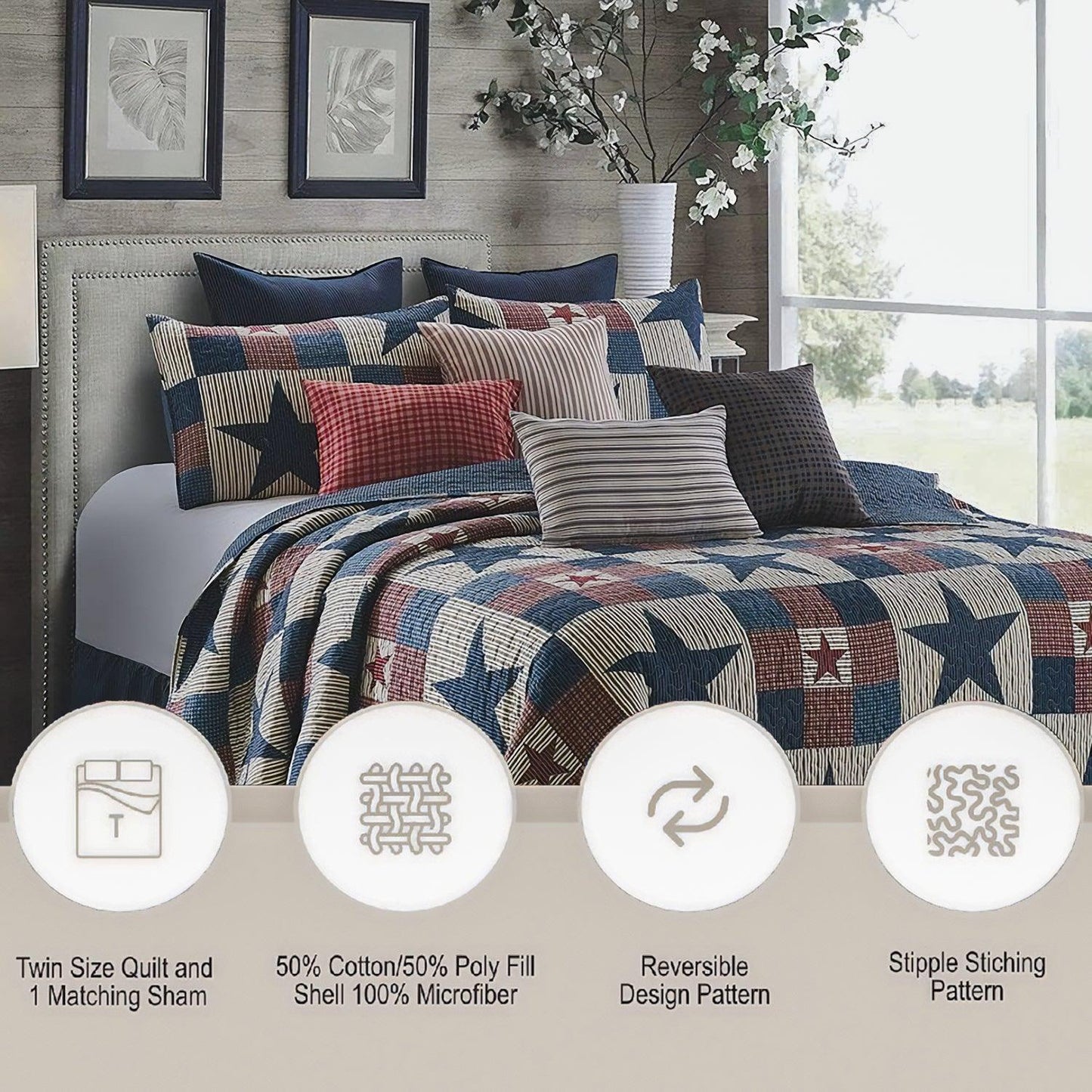 virah bella | quilt set 2 pc. | lightweight/reversible | rustic county | twin - Home Revival Shop