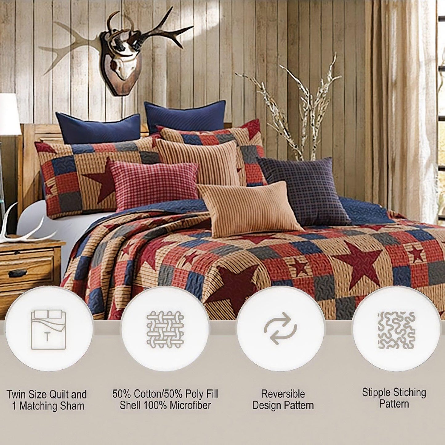 virah bella | quilt set 2 pc. | rustic/country style reversible | red/tan | twin - Home Revival Shop