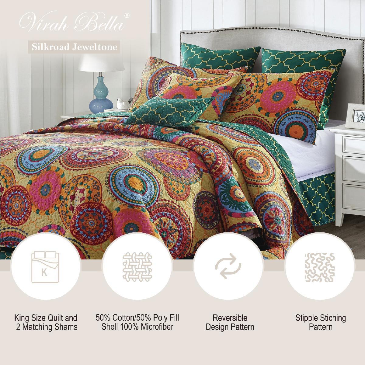 virah bella | quilt set 3 pc. | contemporary jewel-tones, reversible | king - Home Revival Shop