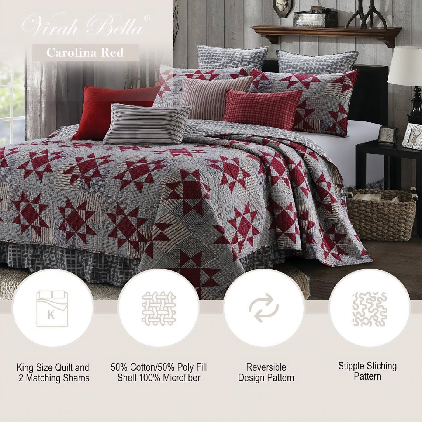 virah bella | quilt set 3 pc. | light-weight/reversible in gray/red | king - Home Revival Shop