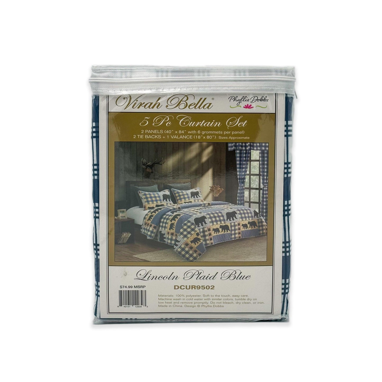 Virah Bella 5 Piece Curtain Set in Lincoln Plaid Blue, Polyester Easy Care - Home Revival Shop