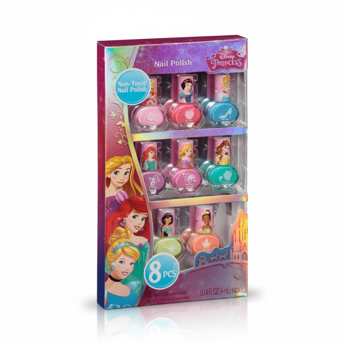 Disney Princess Nail Polish Set with 8 non-toxic, washable colors in themed packaging. Ideal for kids' nail care and beauty fun.