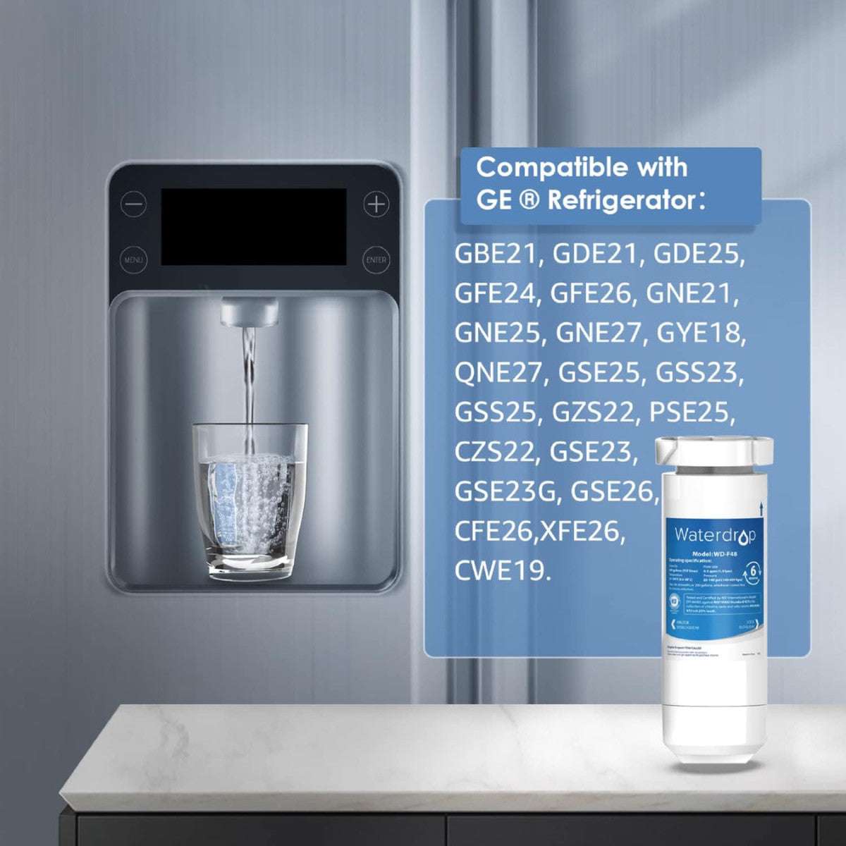 Waterdrop XWF Refrigerator Water Filter compatible with multiple GE refrigerator models, ensuring clean water directly from the fridge dispenser.