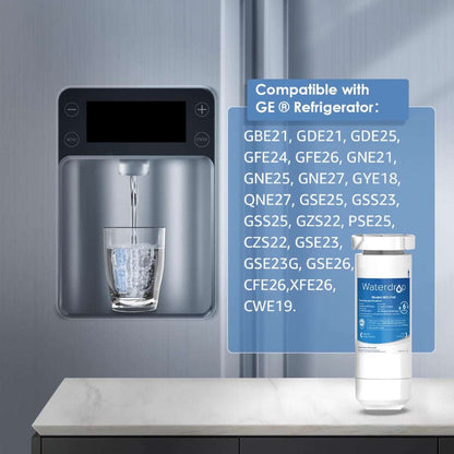 Waterdrop XWF Refrigerator Water Filter compatible with multiple GE refrigerator models, ensuring clean water directly from the fridge dispenser.