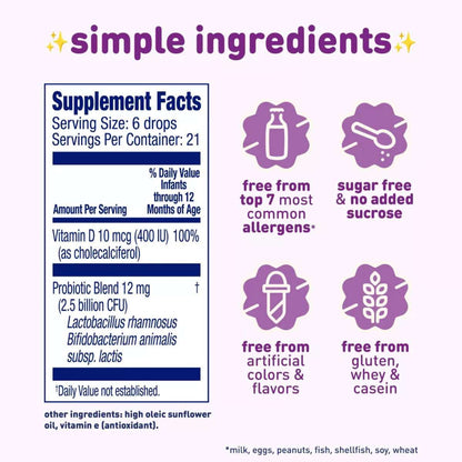 Supplement facts and ingredient highlights for Enfamil Dual Probiotic Infant Daily Drops, showing allergen-free, sugar-free, and gluten-free benefits.