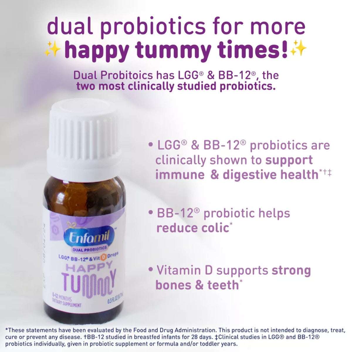 Enfamil Dual Probiotic Infant Daily Drops benefits including LGG and BB-12 probiotics for immune and digestive health, and Vitamin D for bones and teeth.