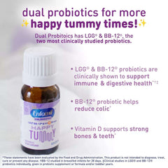 Enfamil Dual Probiotic Infant Daily Drops benefits including LGG and BB-12 probiotics for immune and digestive health, and Vitamin D for bones and teeth.