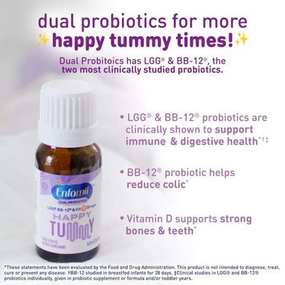 Enfamil Dual Probiotic Infant Daily Drops benefits including LGG and BB-12 probiotics for immune and digestive health, and Vitamin D for bones and teeth.