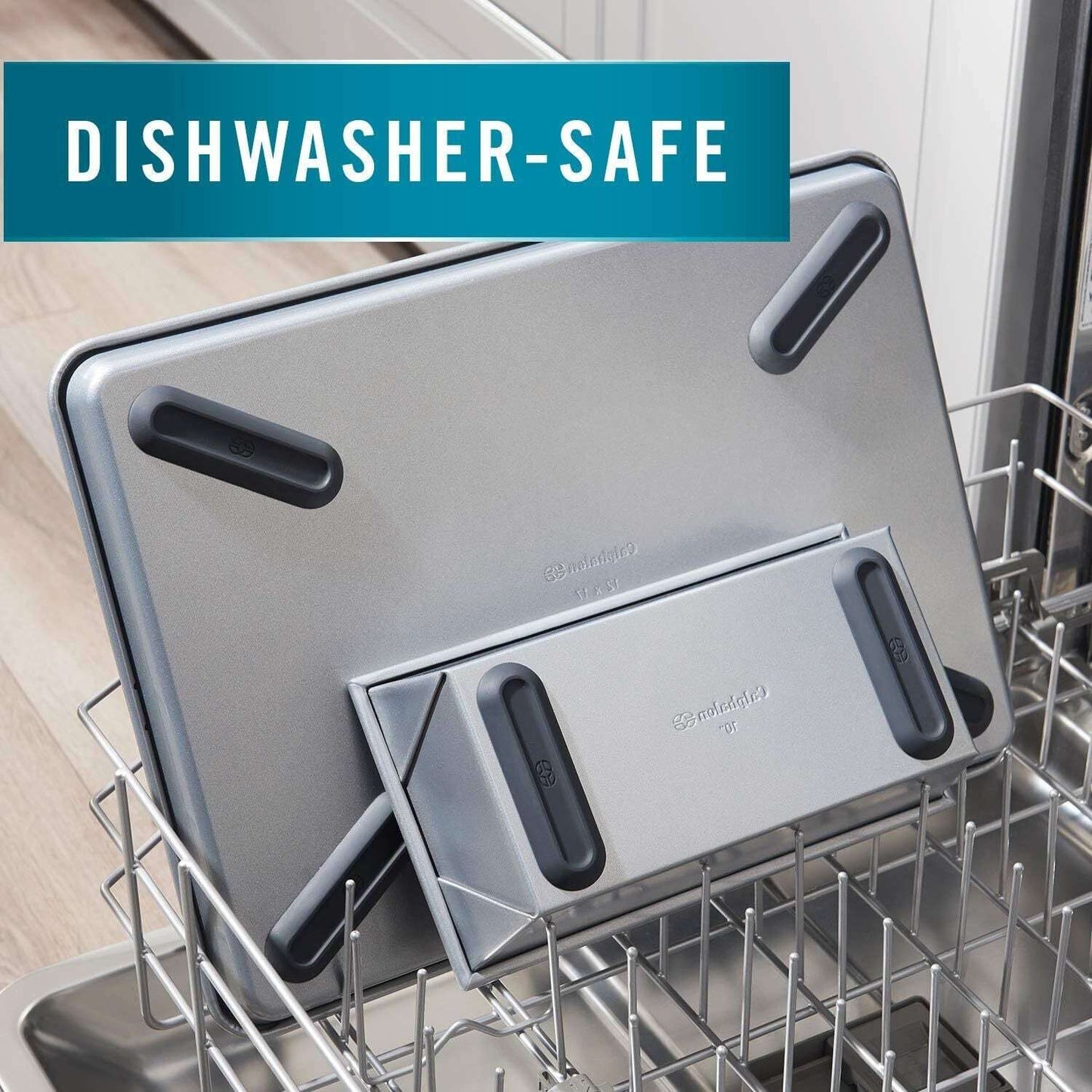 Calphalon 6 Piece Nonstick Bakeware Set Steel Baking Pans shown in dishwasher, highlighting dishwasher-safe convenience for easy cleanup.