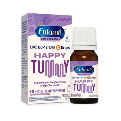 Enfamil Dual Probiotic Infant Daily Drops Immune Support 0.3oz bottle with box, featuring LGG, BB-12, and Vitamin D for babies 0–12 months.