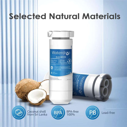 Waterdrop XWF Refrigerator Water Filter made from natural coconut shell carbon, BPA-free and lead-free, ensuring safe water filtration.
