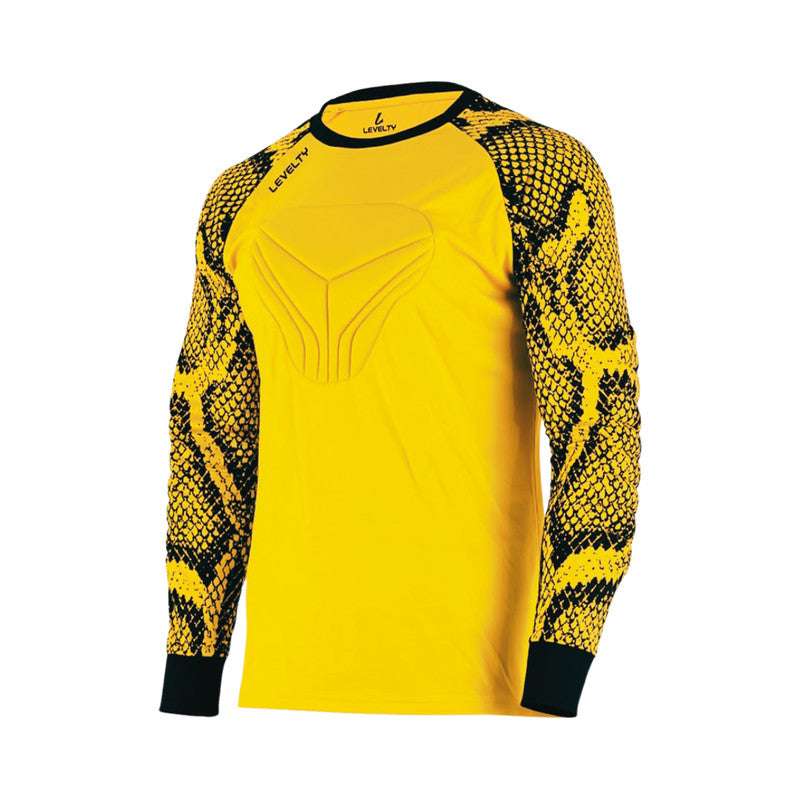 Levelty padded goalkeeper jersey long sleeve yellow with black snake-patterned sleeves and chest padding for adult and youth soccer players.