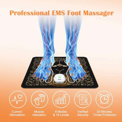 CrazySun EMS Foot Massager Mat Rechargeable Wellness Support showing EMS stimulation, 8 modes, 19 levels, and 20-minute auto shut-off for safety.