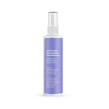 Back label of Asutra Lavender Chamomile Room Spray Mist Your Mood 4 oz showing aromatherapy directions and essential oil ingredients.
