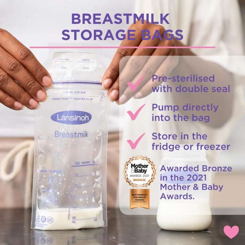 Lansinoh Breastmilk Storage Bag shown with double seal, direct pump feature, and freezer-safe design, awarded by Mother & Baby Awards 2021.