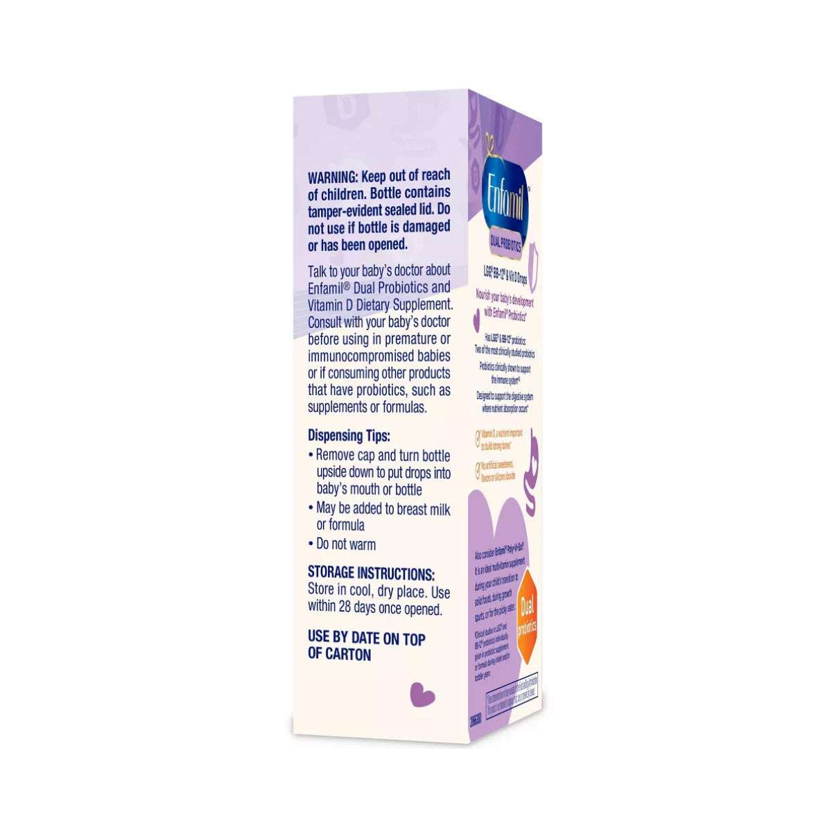 Enfamil Dual Probiotic Infant Daily Drops packaging with safety warnings, storage instructions, and dispensing tips for infant use.