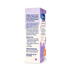 Enfamil Dual Probiotic Infant Daily Drops packaging with safety warnings, storage instructions, and dispensing tips for infant use.