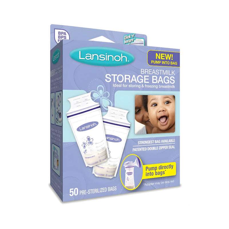 Lansinoh Breastmilk Storage Bags 50 Count Leakproof box with BPA-free, pre-sterilized bags for safe milk storage and direct pump compatibility.