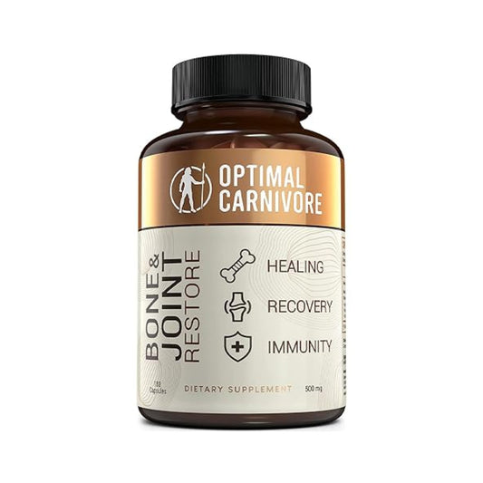 Optimal Carnivore Bone and Joint Restore dietary supplement bottle with bone marrow and cartilage support for healing, recovery, and immunity.