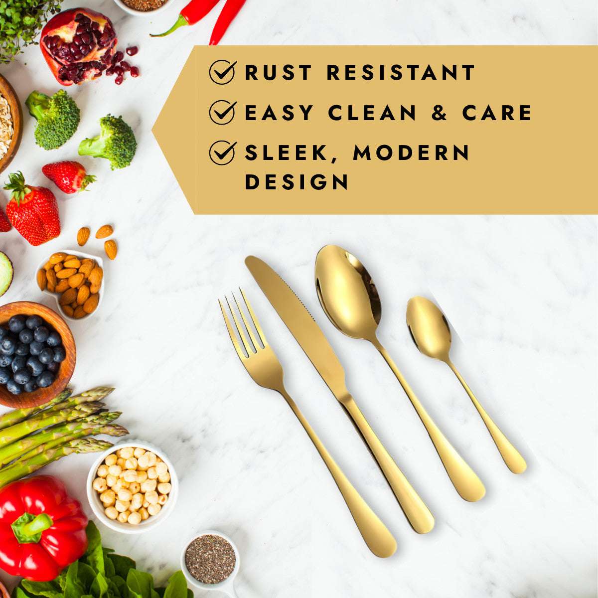 Eleven Formula gold flatware set displayed with fresh produce and benefits like rust resistance, easy care, and modern design.