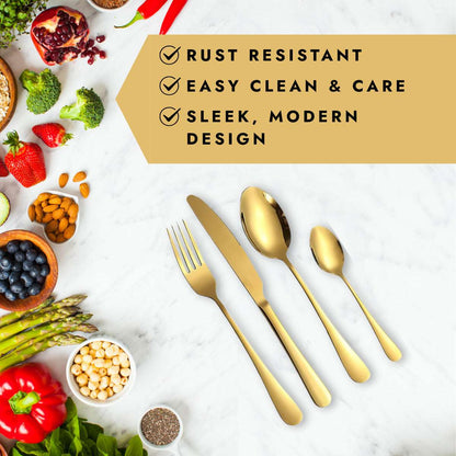 Eleven Formula gold flatware set displayed with fresh produce and benefits like rust resistance, easy care, and modern design.